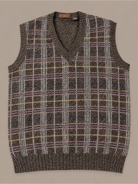 Men's Brown Plaid V-Neck Sweater Vest 100% wool made in Italy